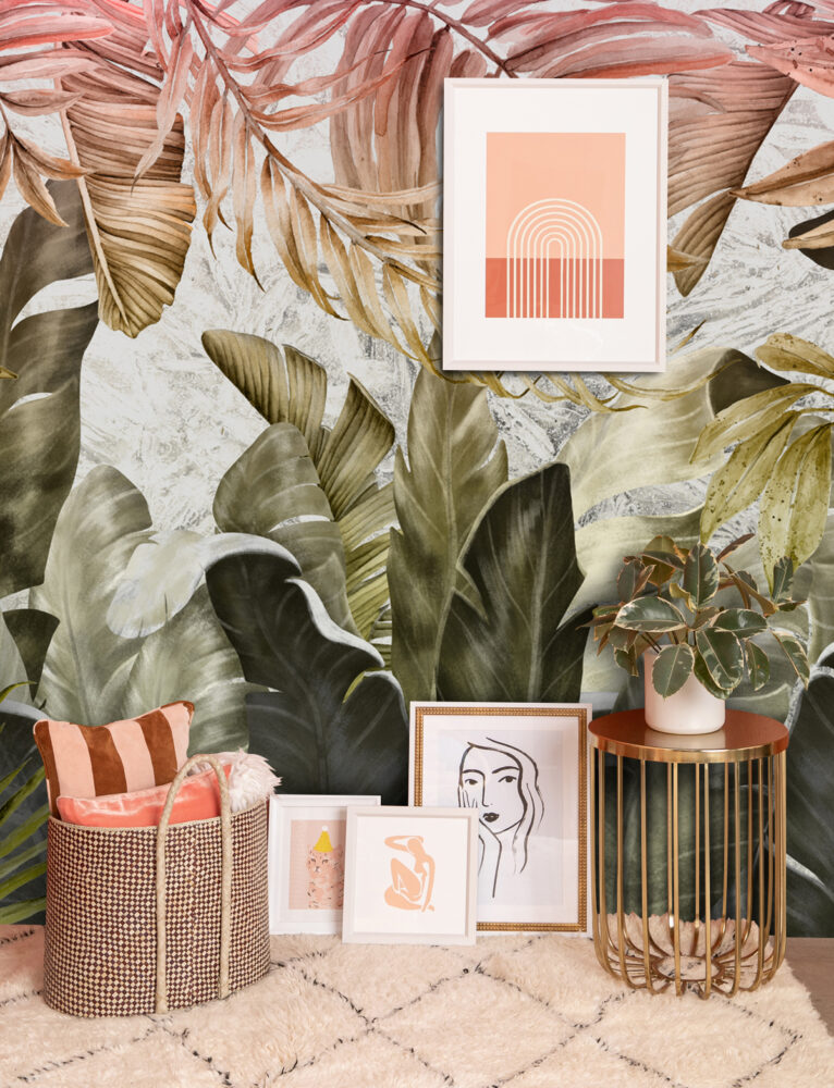 Tropical Banana Leaf Wallpaper : Olive and Coral Jungle Mural - View 2