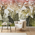Tropical Banana Leaf Wallpaper : Olive and Coral Jungle Mural