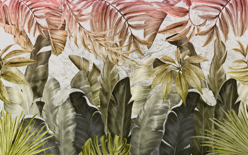 Tropical Banana Leaf Wallpaper : Olive and Coral Jungle Mural - flat design