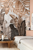 Copper Tropical Leaf Wallpaper : Oversized Beige Leaves Mural - View 4