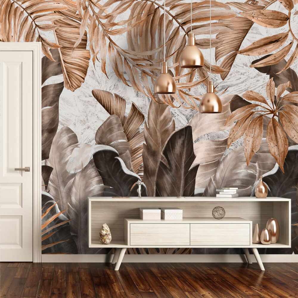 Copper Tropical Leaf Wallpaper : Oversized Beige Leaves Mural - View 3