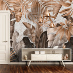 Copper Tropical Leaf Wallpaper : Oversized Beige Leaves Mural - View 3