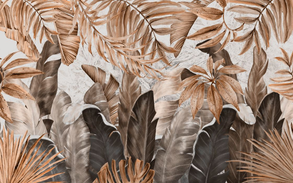 Copper Tropical Leaf Wallpaper : Oversized Beige Leaves Mural - View 2