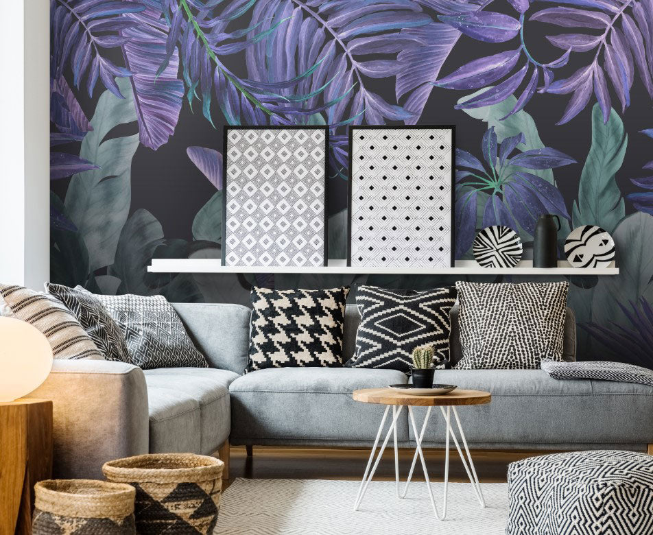 Purple Tropical Leaf Wallpaper : Dark Teal Jungle Mural - View 4