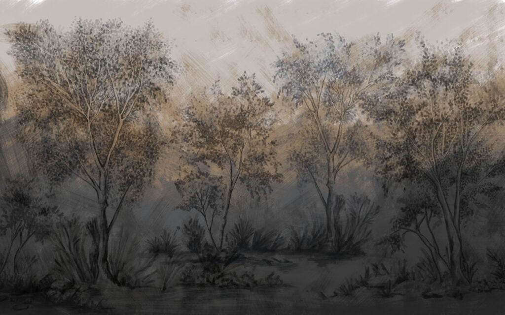 Dark Forest Wallpaper : Moody Twilight Trees Mural - flat design