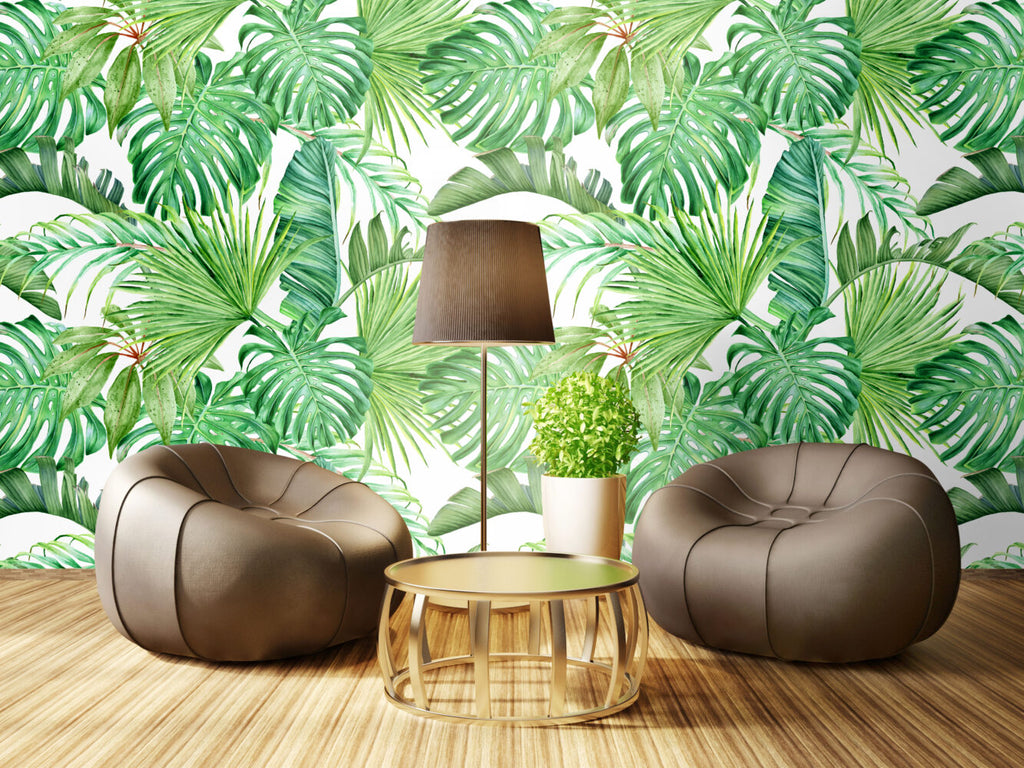 Green Tropical Leaves Wallpaper : Bright Monstera And Palm Mural - View 5