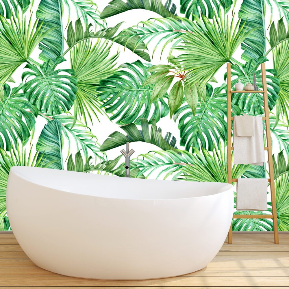 Green Tropical Leaves Wallpaper : Bright Monstera And Palm Mural - View 4
