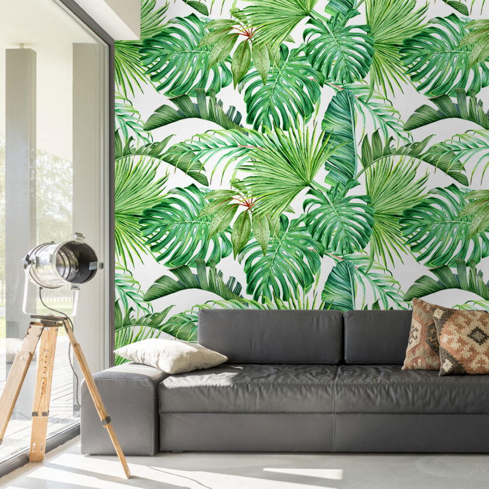Green Tropical Leaves Wallpaper : Bright Monstera And Palm Mural - View 6