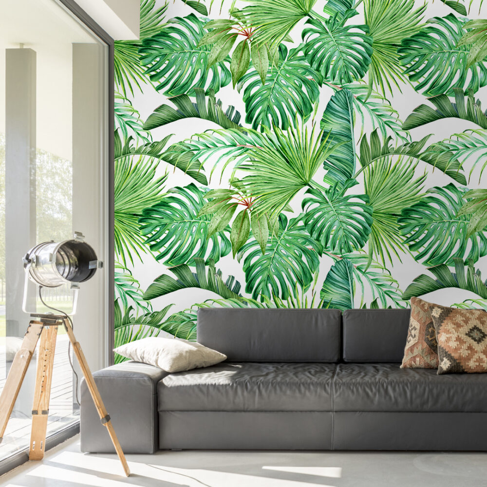 Green Tropical Leaves Wallpaper : Bright Monstera And Palm Mural - View 3