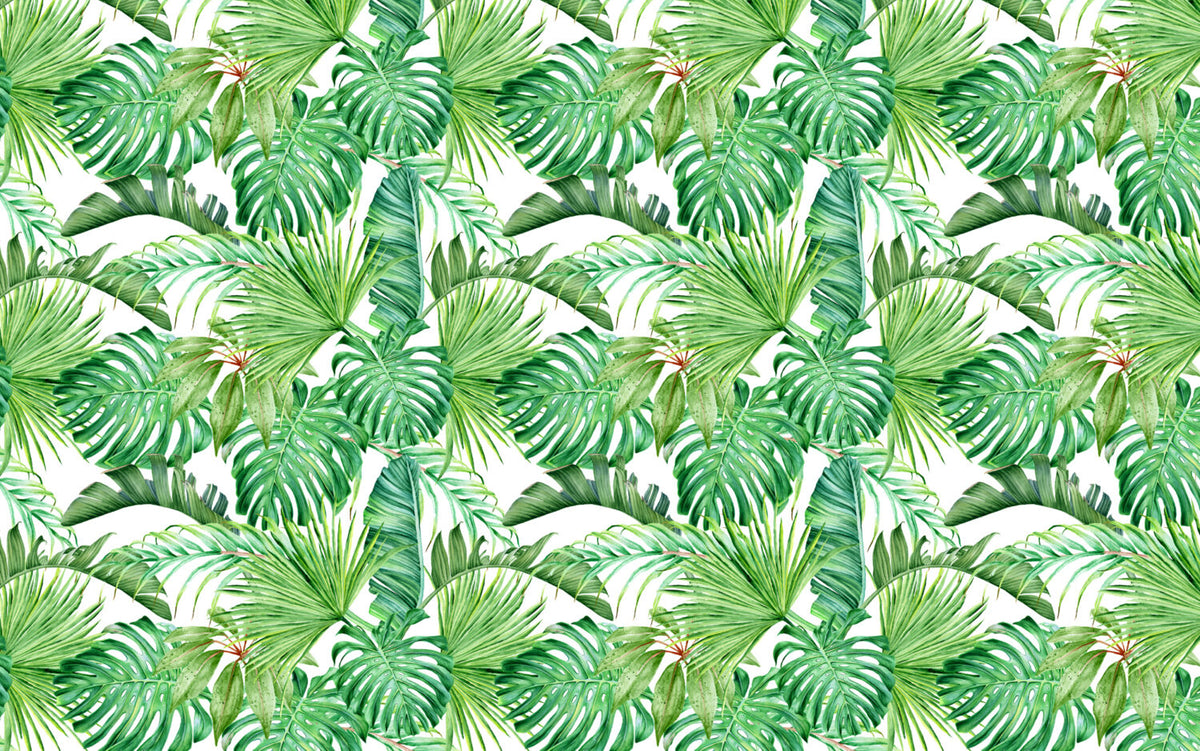 Green Tropical Leaves Wallpaper : Bright Monstera And Palm Mural - View 2