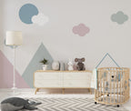 Pastel Mountain Wallpaper : Geometric Peaks and Clouds Nursery Mural