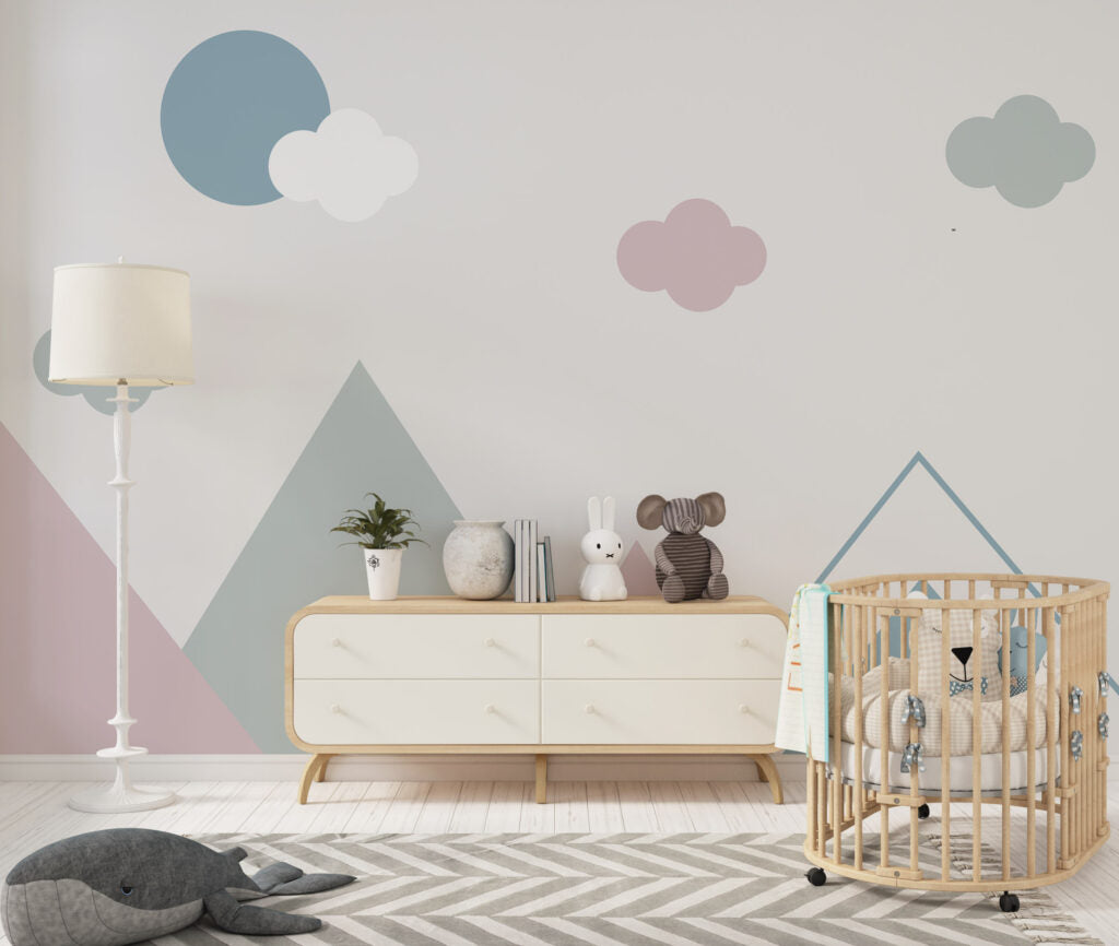 Pastel Mountain Wallpaper : Geometric Peaks and Clouds Nursery Mural