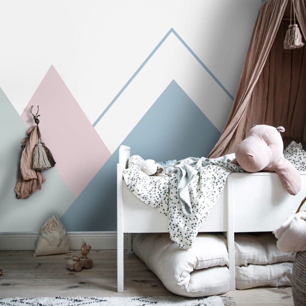 Pastel Mountain Wallpaper : Geometric Peaks and Clouds Nursery Mural - View 3