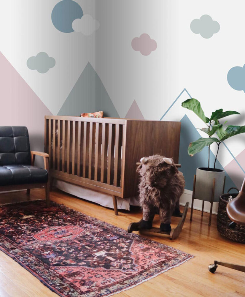 Pastel Mountain Wallpaper : Geometric Peaks and Clouds Nursery Mural - View 4