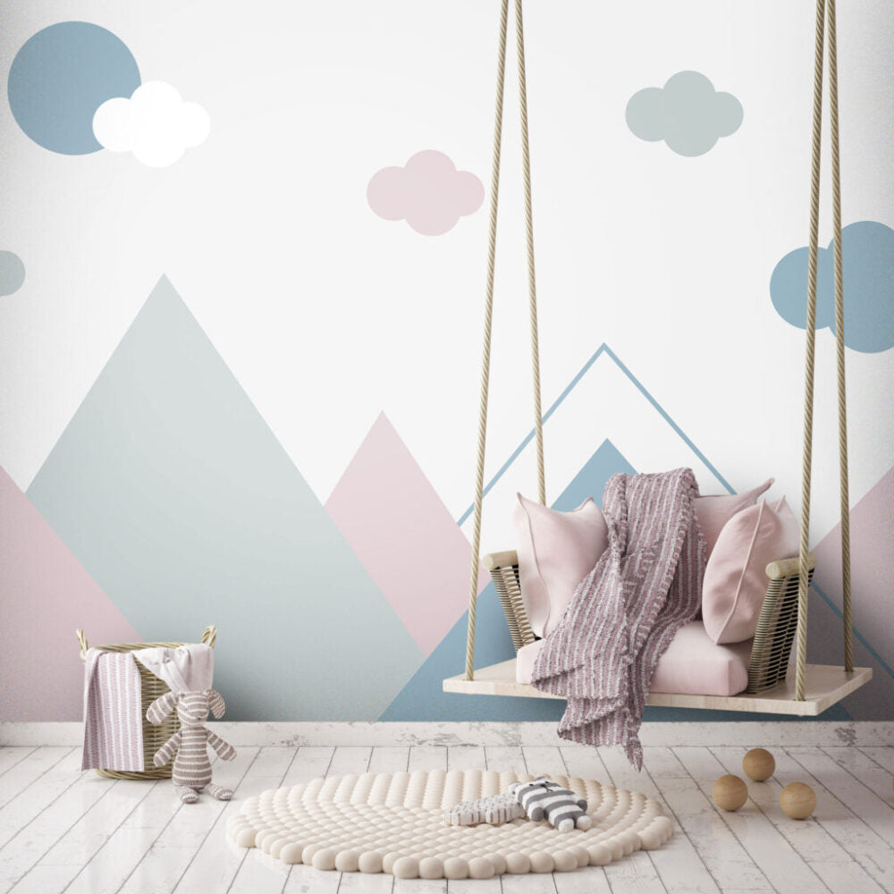 Pastel Mountain Wallpaper : Geometric Peaks and Clouds Nursery Mural - View 5