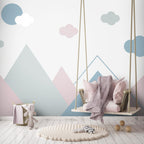 Pastel Mountain Wallpaper : Geometric Peaks and Clouds Nursery Mural - View 5