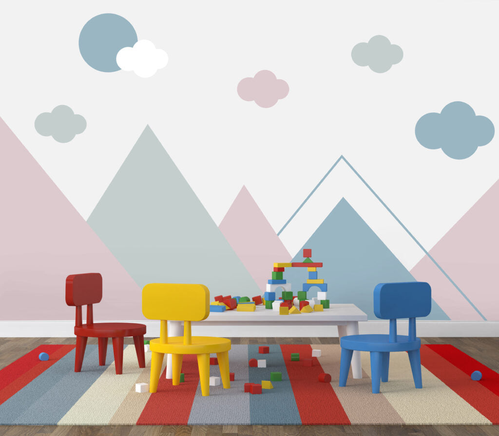 Pastel Mountain Wallpaper : Geometric Peaks and Clouds Nursery Mural - View 2