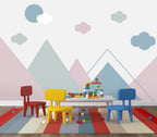 Pastel Mountain Wallpaper : Geometric Peaks and Clouds Nursery Mural - View 2