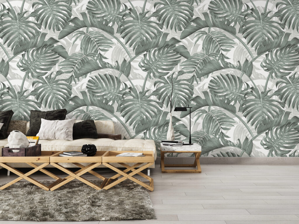 Sage Monstera Wallpaper : Layered Tropical Leaf Pattern