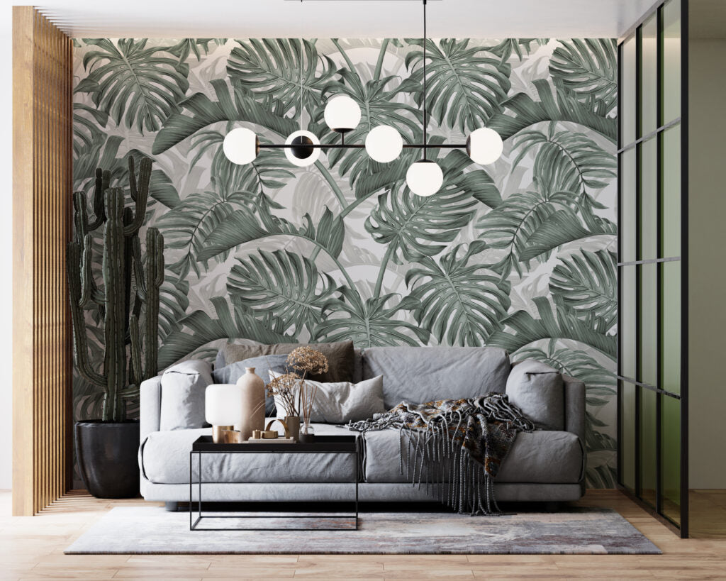 Sage Monstera Wallpaper : Layered Tropical Leaf Pattern - View 2