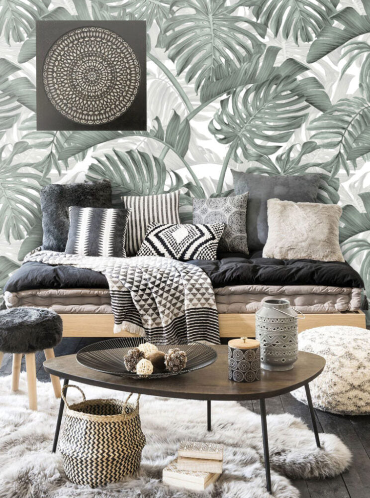 Sage Monstera Wallpaper : Layered Tropical Leaf Pattern - View 5