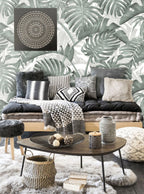 Sage Monstera Wallpaper : Layered Tropical Leaf Pattern - View 5