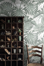 Sage Monstera Wallpaper : Layered Tropical Leaf Pattern - View 4