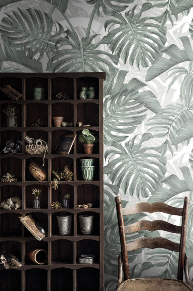 Sage Monstera Wallpaper : Layered Tropical Leaf Pattern - View 4