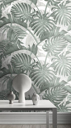 Sage Monstera Wallpaper : Layered Tropical Leaf Pattern - View 3