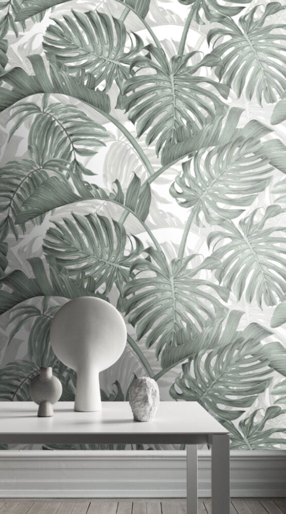 Sage Monstera Wallpaper : Layered Tropical Leaf Pattern - View 3