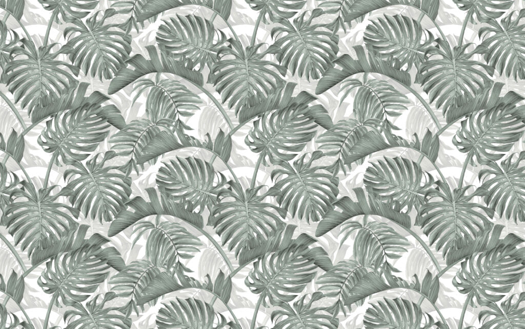 Sage Monstera Wallpaper : Layered Tropical Leaf Pattern - flat design
