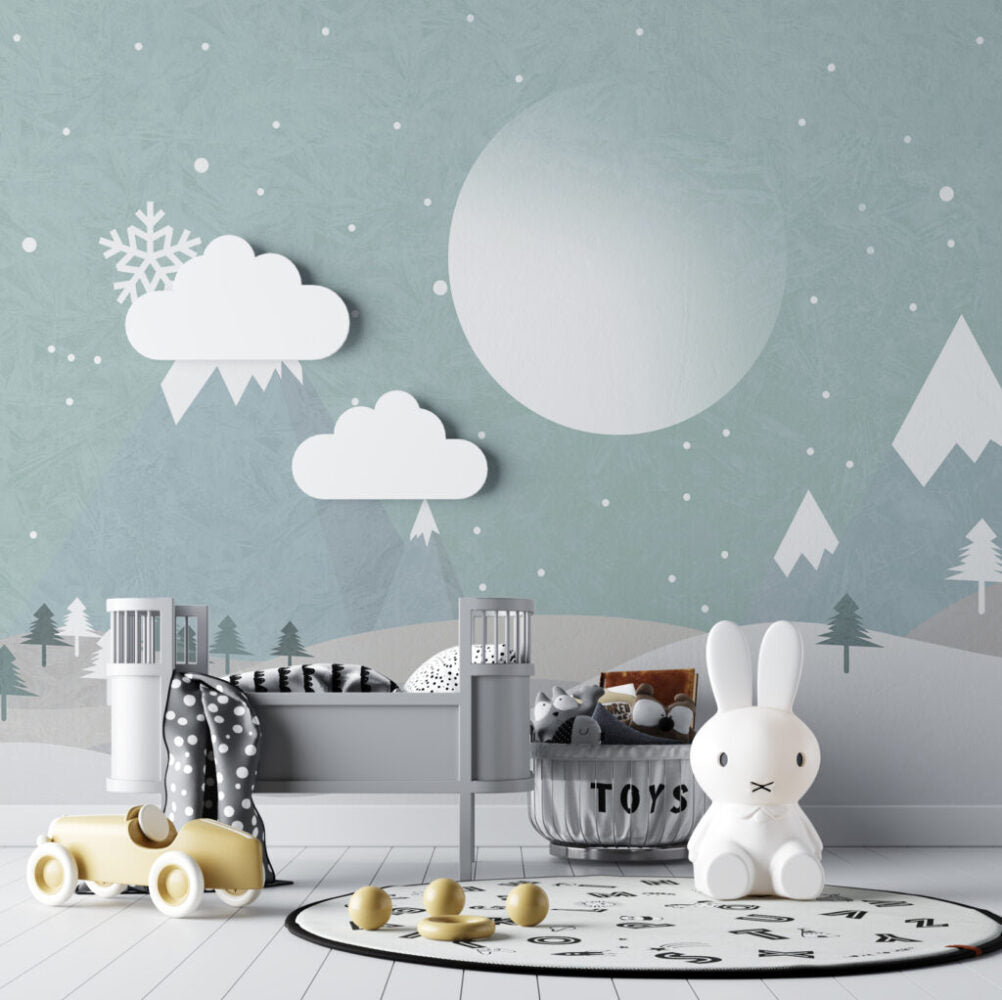 Snowy Mountain Wallpaper : Mint Winter Moon Kids Mural