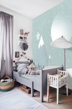 Snowy Mountain Wallpaper : Mint Winter Moon Kids Mural - View 5