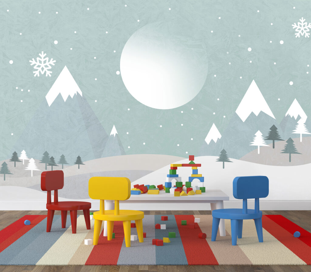 Snowy Mountain Wallpaper : Mint Winter Moon Kids Mural - View 4
