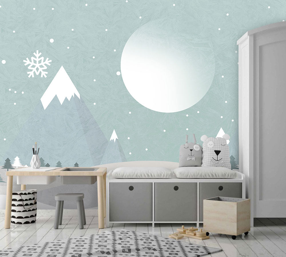 Snowy Mountain Wallpaper : Mint Winter Moon Kids Mural - View 3