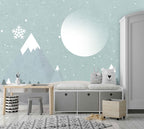 Snowy Mountain Wallpaper : Mint Winter Moon Kids Mural - View 3