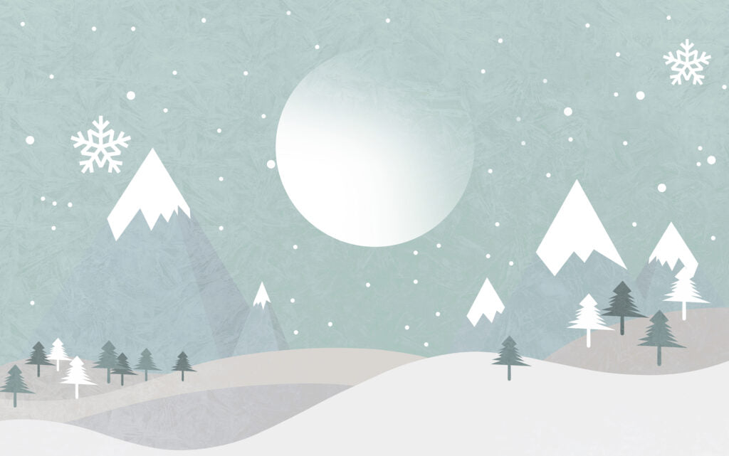 Snowy Mountain Wallpaper : Mint Winter Moon Kids Mural - flat design