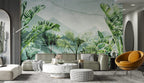 Misty Jungle Wallpaper : Green Palms and Mountains Mural - View 2
