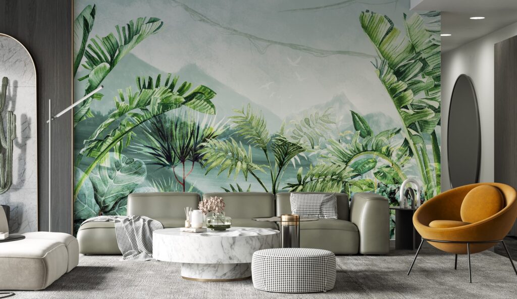 Misty Jungle Wallpaper : Green Palms and Mountains Mural