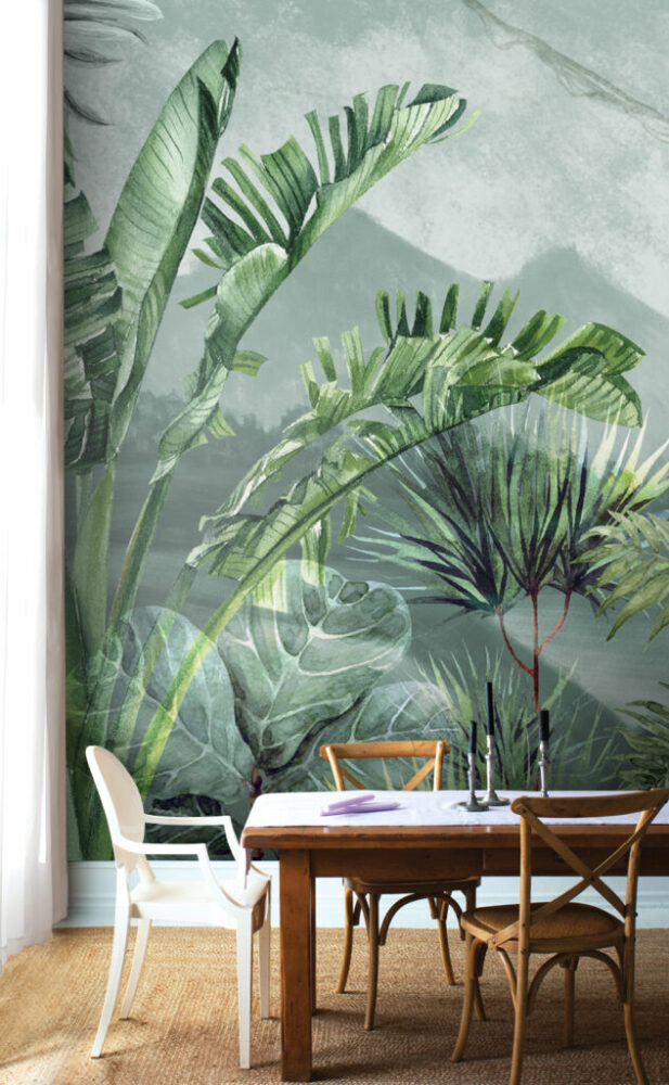Misty Jungle Wallpaper : Green Palms and Mountains Mural - View 5