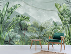 Misty Jungle Wallpaper : Green Palms and Mountains Mural - View 4