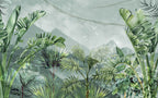 Misty Jungle Wallpaper : Green Palms and Mountains Mural - flat design