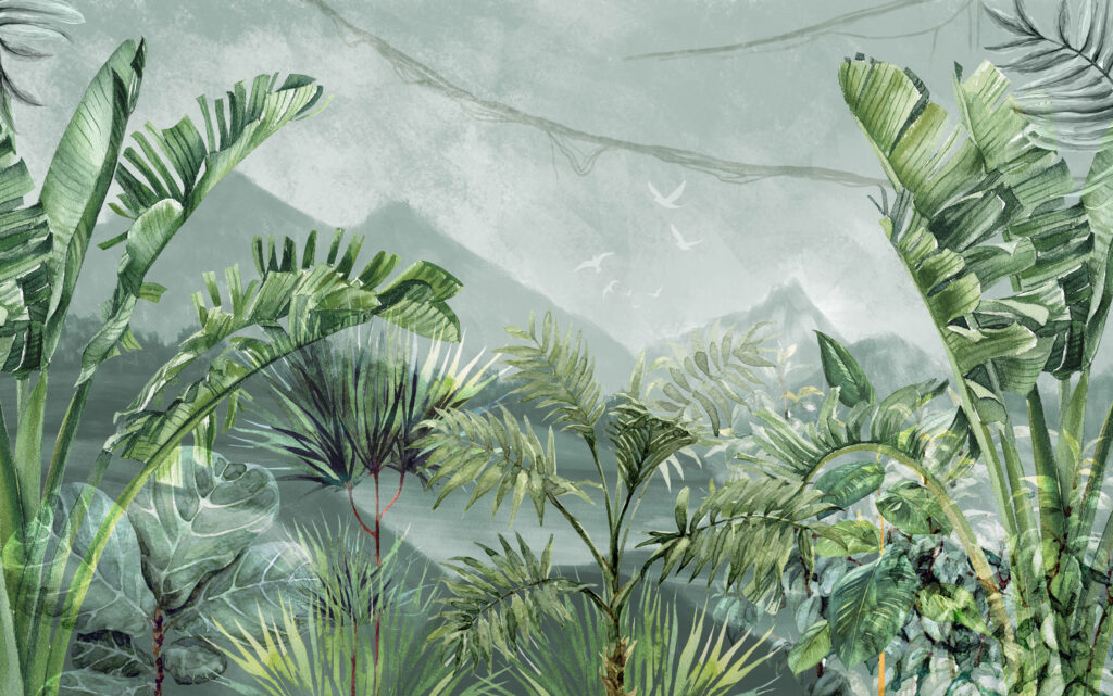 Misty Jungle Wallpaper : Green Palms and Mountains Mural - flat design