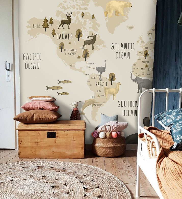 Animal World Map Wallpaper : Beige Kids Atlas Mural - View 4