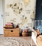 Animal World Map Wallpaper : Beige Kids Atlas Mural - View 4