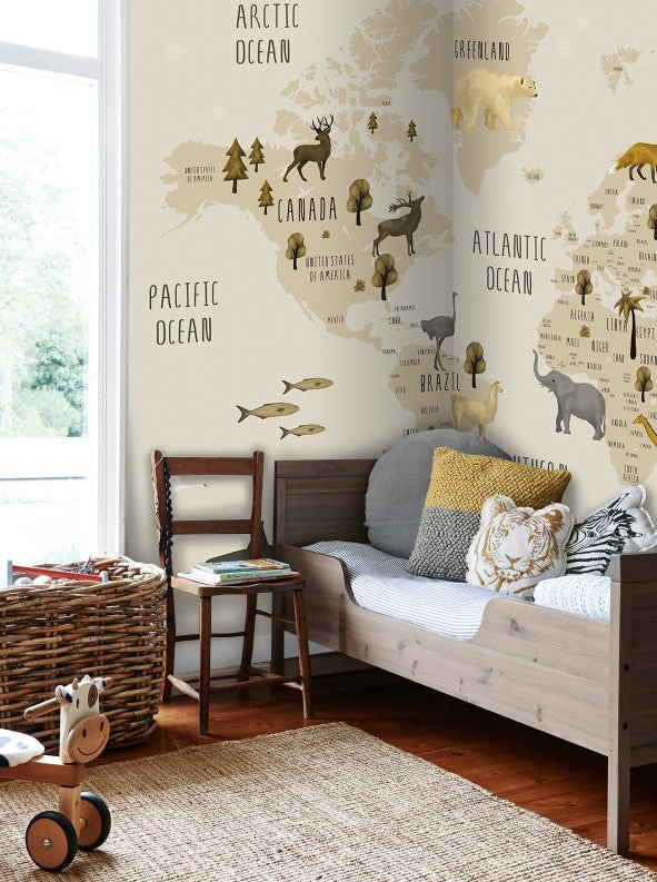 Animal World Map Wallpaper : Beige Kids Atlas Mural - View 3