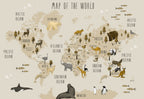 Animal World Map Wallpaper : Beige Kids Atlas Mural - View 2