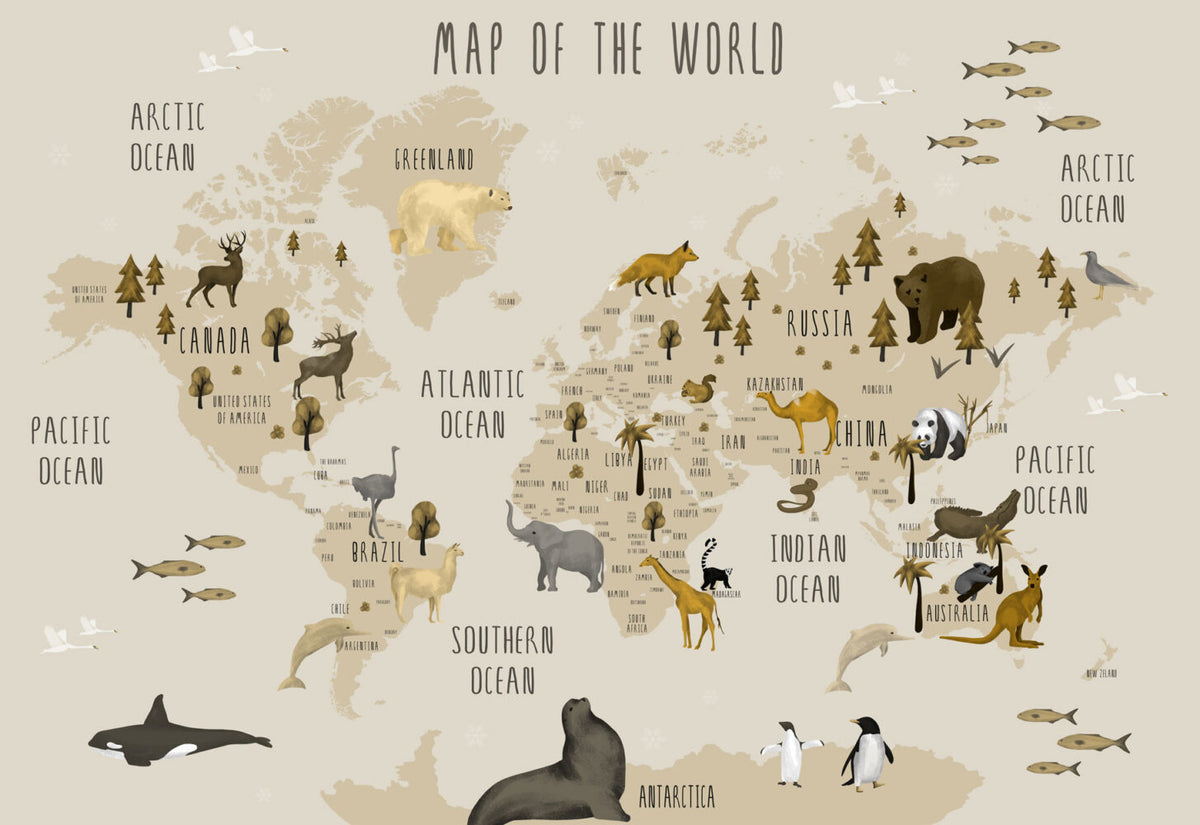 Animal World Map Wallpaper : Beige Kids Atlas Mural - View 2