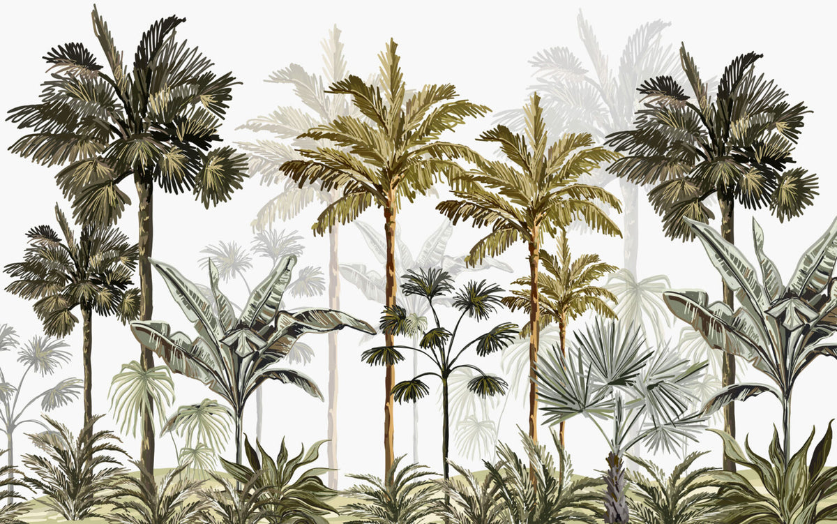 Hand Drawn Palm Tree Wallpaper : Olive Tropical Grove Mural - flat design