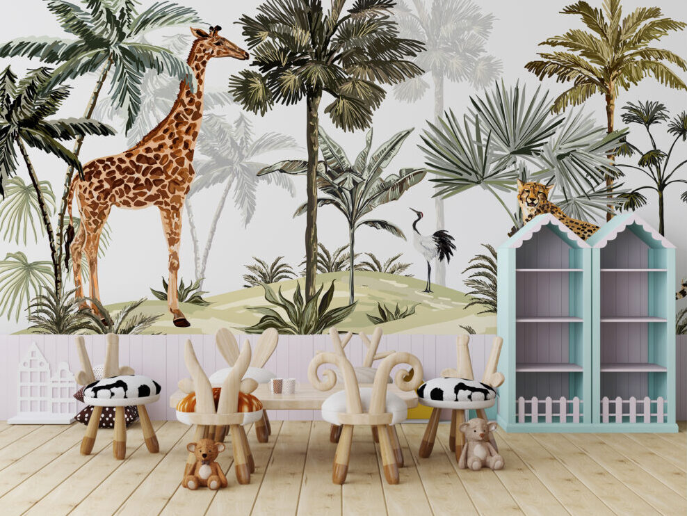 Jungle Giraffe and Cheetah Wallpaper : Palm Safari Mural